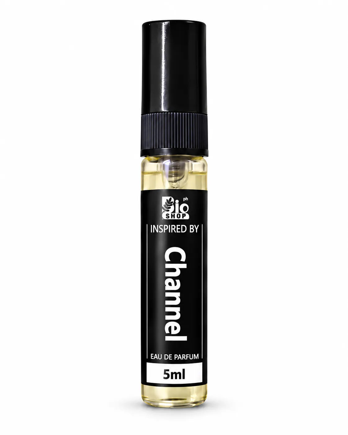Bio Shop Channel inspired 5ml Eau de Parfum spray with classic black label and clear glass bottle.