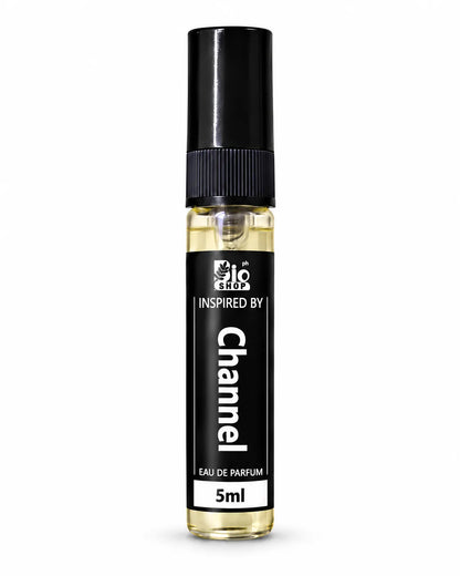 Bio Shop Channel inspired 5ml Eau de Parfum spray with classic black label and clear glass bottle.