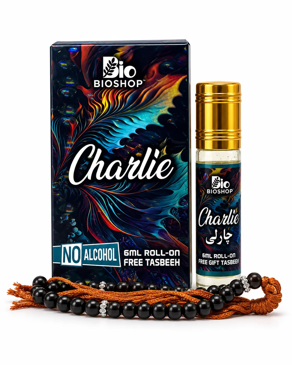 Bio Shop Charlie 6ml alcohol-free attar in colorful abstract box with gold-cap roll-on bottle and black tasbeeh