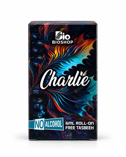 Charlie roll-on perfume oil bottle with matching multicolor gift packaging on white background