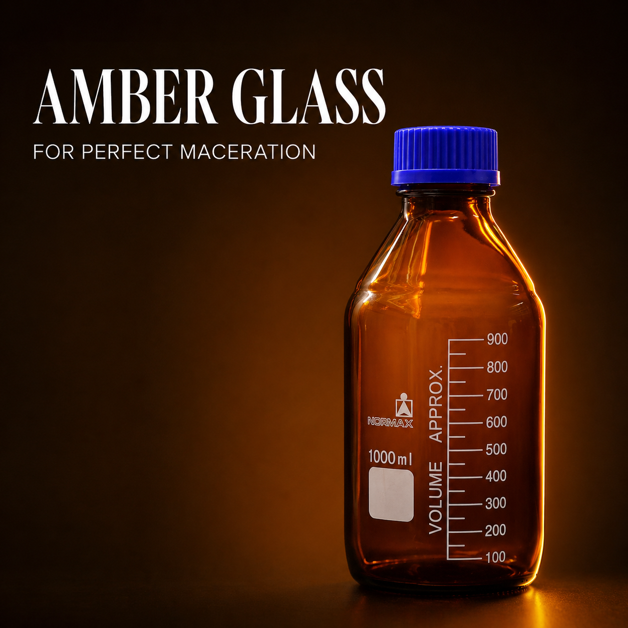 Amber glass bottle with blue cap on a dark background, labeled for perfect maceration.