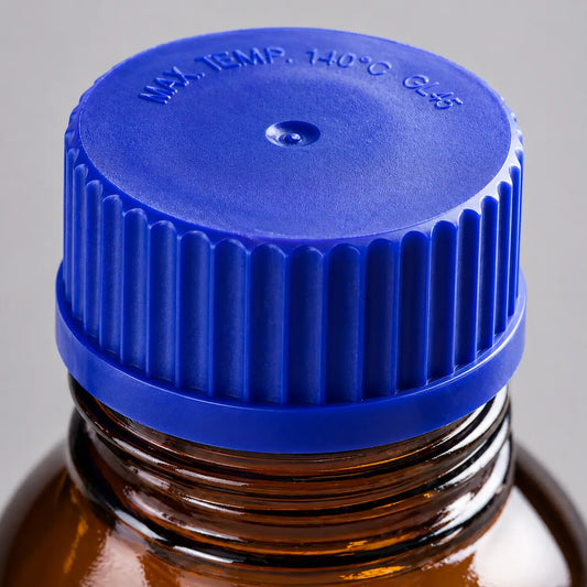 Close-up of cobalt blue GL45 ribbed PP screw cap with Max Temp 140°C marking