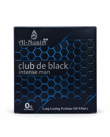 Al-Nuaim Club De Black Intense Man 9.9ml 0% alcohol perfume oil roll-on with black blue box and dark bottle