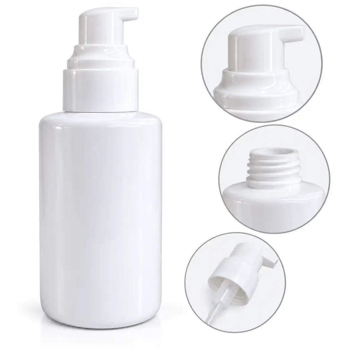 White refillable cosmetic pump bottle with glossy finish and white pump dispenser