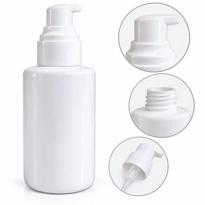 White refillable cosmetic pump bottle with glossy finish and white pump dispenser