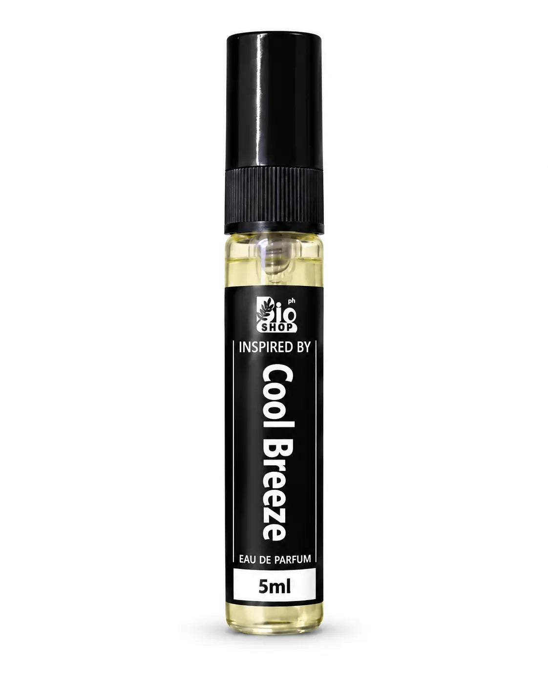 Bio Shop Cool Breeze inspired perfume 5ml spray bottle with black cap and white background