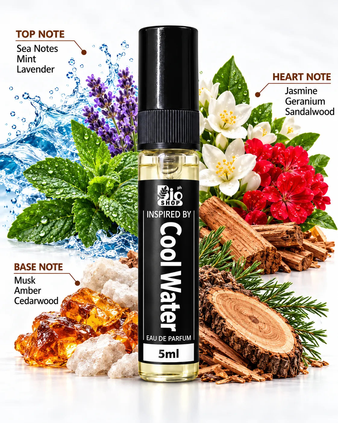 Cool Water inspired aquatic perfume 5ml with marine mint lavender and woody fragrance accords
