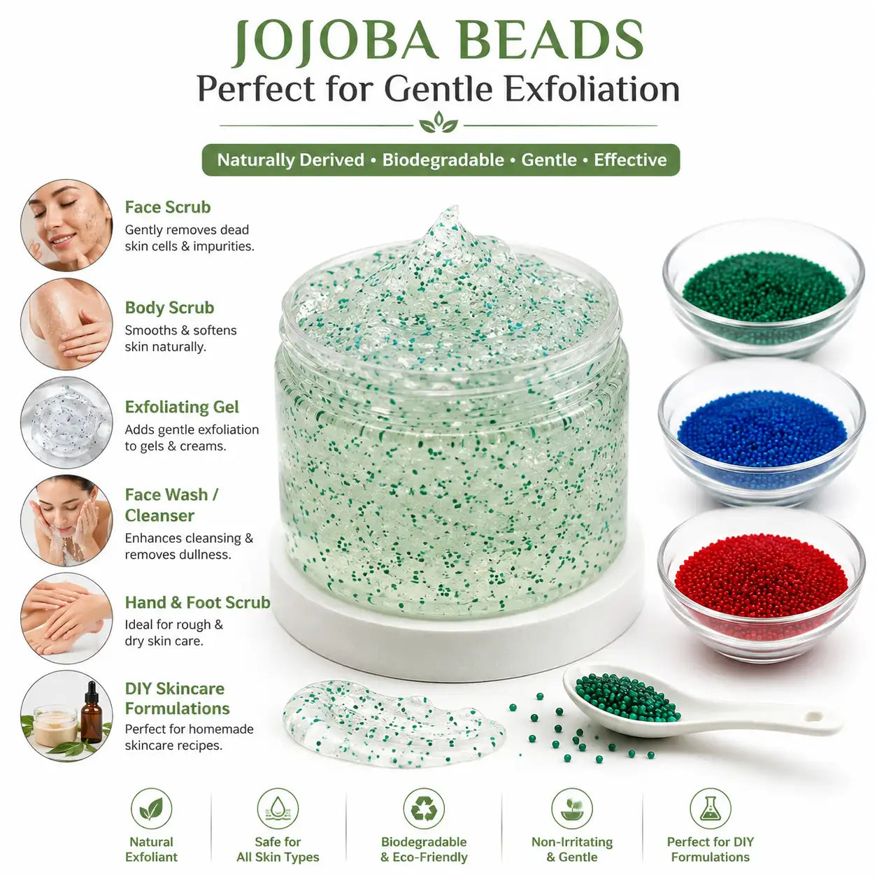 Colored Jojoba Exfoliating Beads for Cleansers Scrubs and Skincare Products