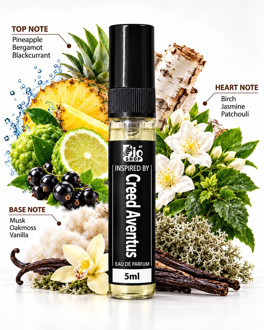 Bio Shop Creed Aventus inspired perfume 5ml spray bottle with black label on white background