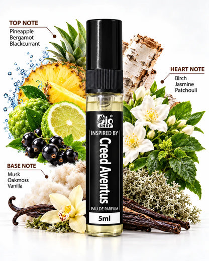 Bio Shop Creed Aventus inspired perfume 5ml spray bottle with black label on white background
