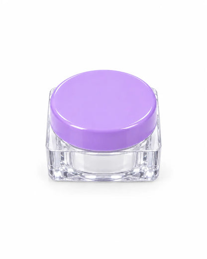 Empty 5gm transparent square lip balm and cosmetic sample jar with a clear screw-on lid