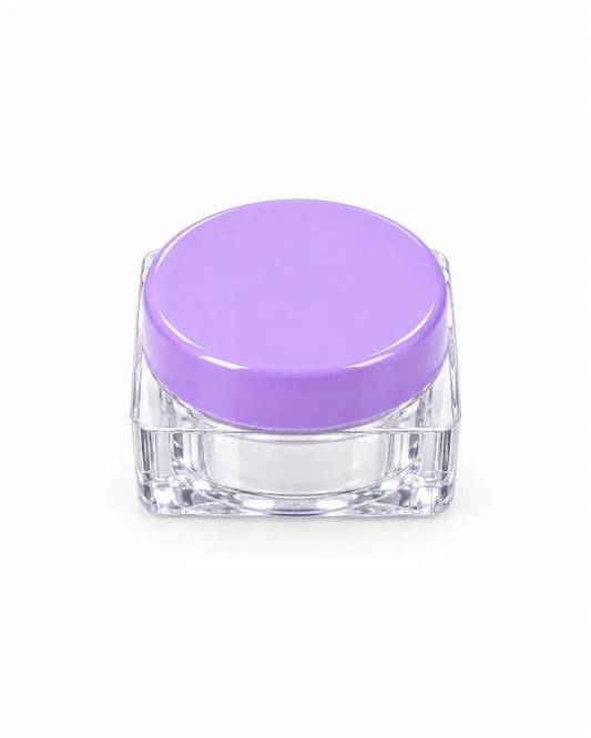 Empty 5gm transparent square lip balm and cosmetic sample jar with a clear screw-on lid