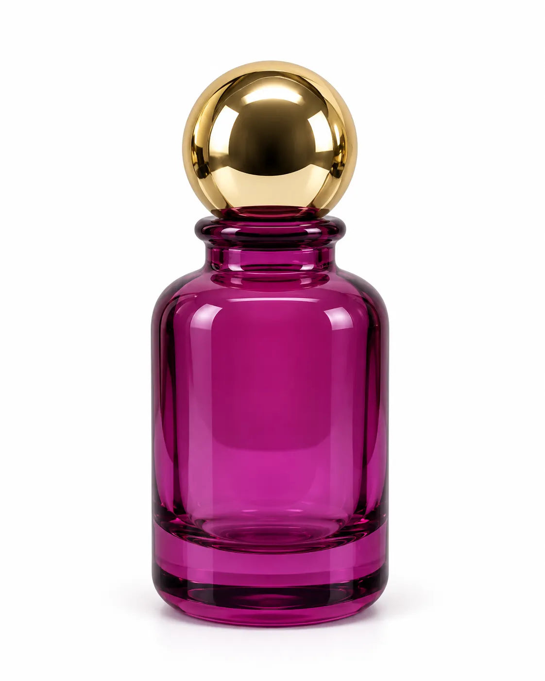 Four 50ml coloured glass crimping perfume bottles with gold ball caps in blue-pink, magenta, aqua green and blue-peach