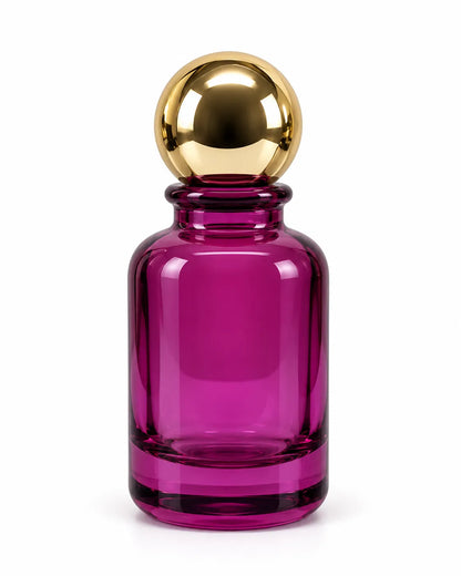Four 50ml coloured glass crimping perfume bottles with gold ball caps in blue-pink, magenta, aqua green and blue-peach