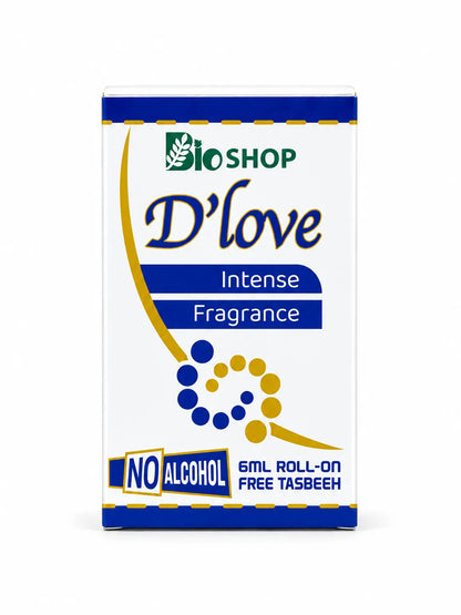 Bio Shop D’Love 6ml roll-on attar with a gold-coloured cap, white-and-blue box with gold accents and pink tasbeeh.
