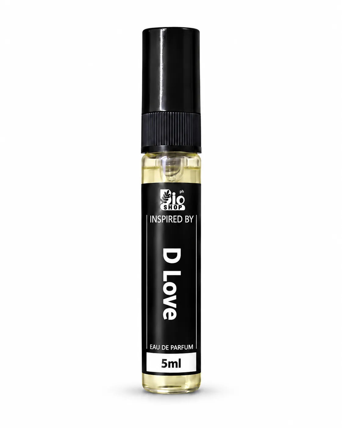 Bio Shop D Love inspired 5ml Eau de Parfum mini spray bottle with classic black label.