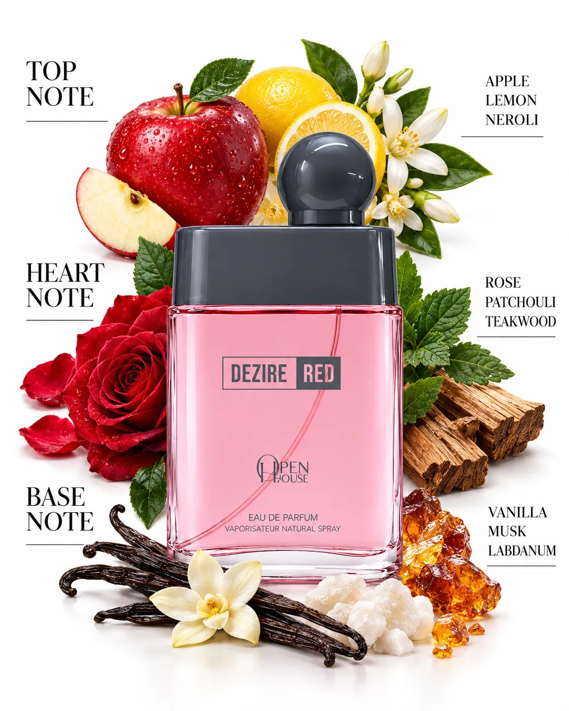 Dezire Red perfume 100ml with red striped presentation box on white background
