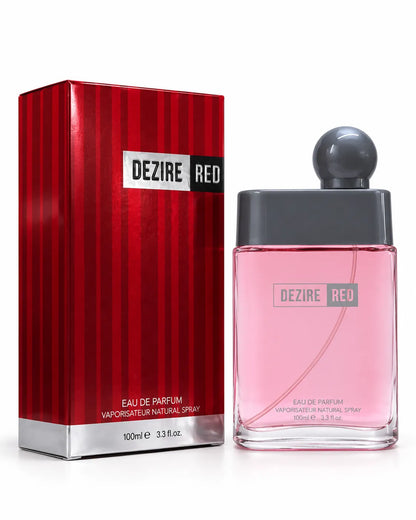 Dezire Red perfume 100ml with red striped presentation box on white background