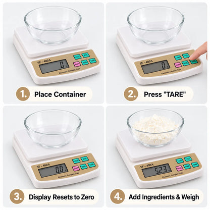 Digital weighing scale 10kg measuring white cosmetic raw materials in a glass bowl for DIY skincare, soap and beauty product formulation.