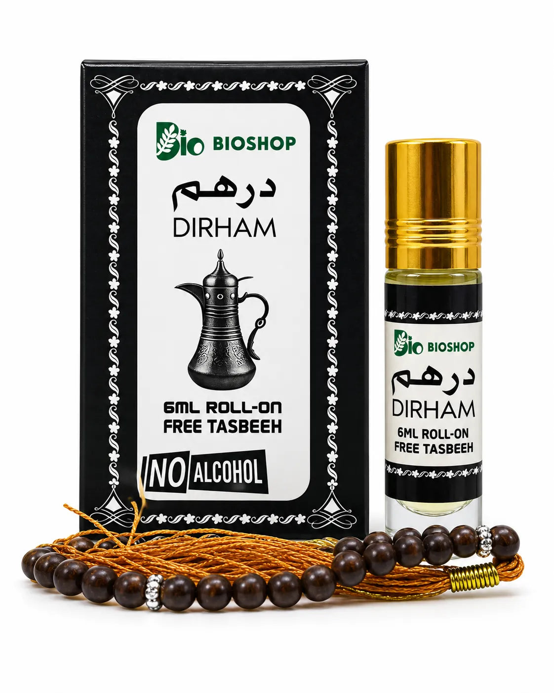 Bio Shop Dirham 6ml roll-on attar with a gold-coloured cap, black-and-white decorative box and dark brown tasbeeh with an orange-gold tassel.