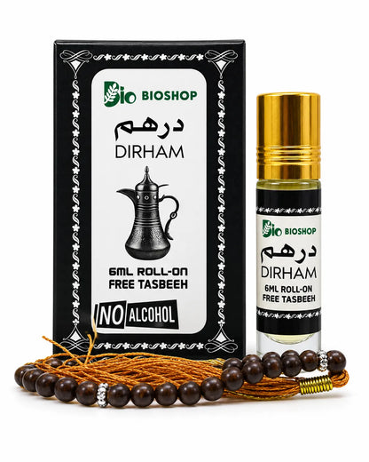 Bio Shop Dirham 6ml roll-on attar with a gold-coloured cap, black-and-white decorative box and dark brown tasbeeh with an orange-gold tassel.