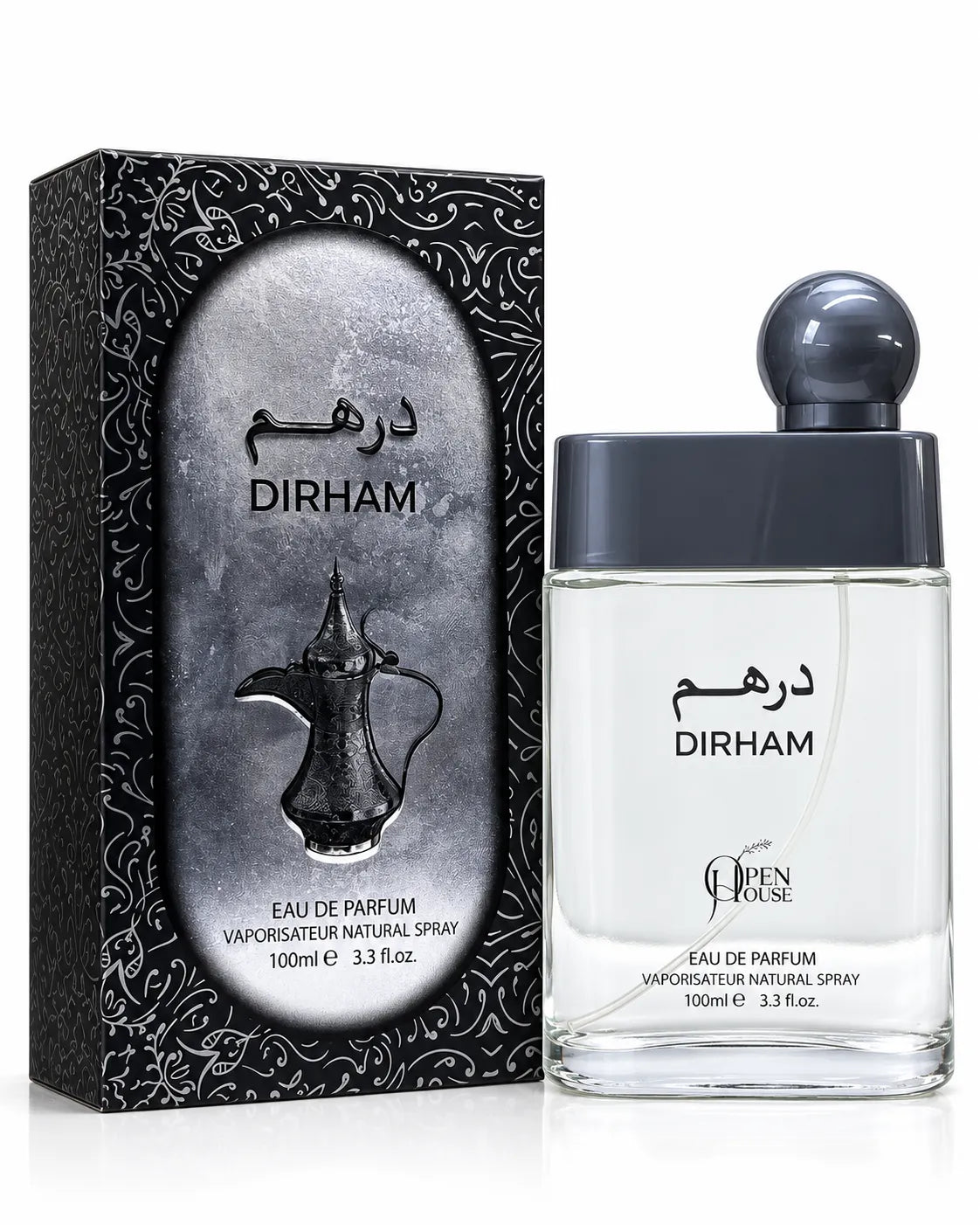 Dirham 100ml Eau de Parfum transparent glass bottle with grey spherical cap