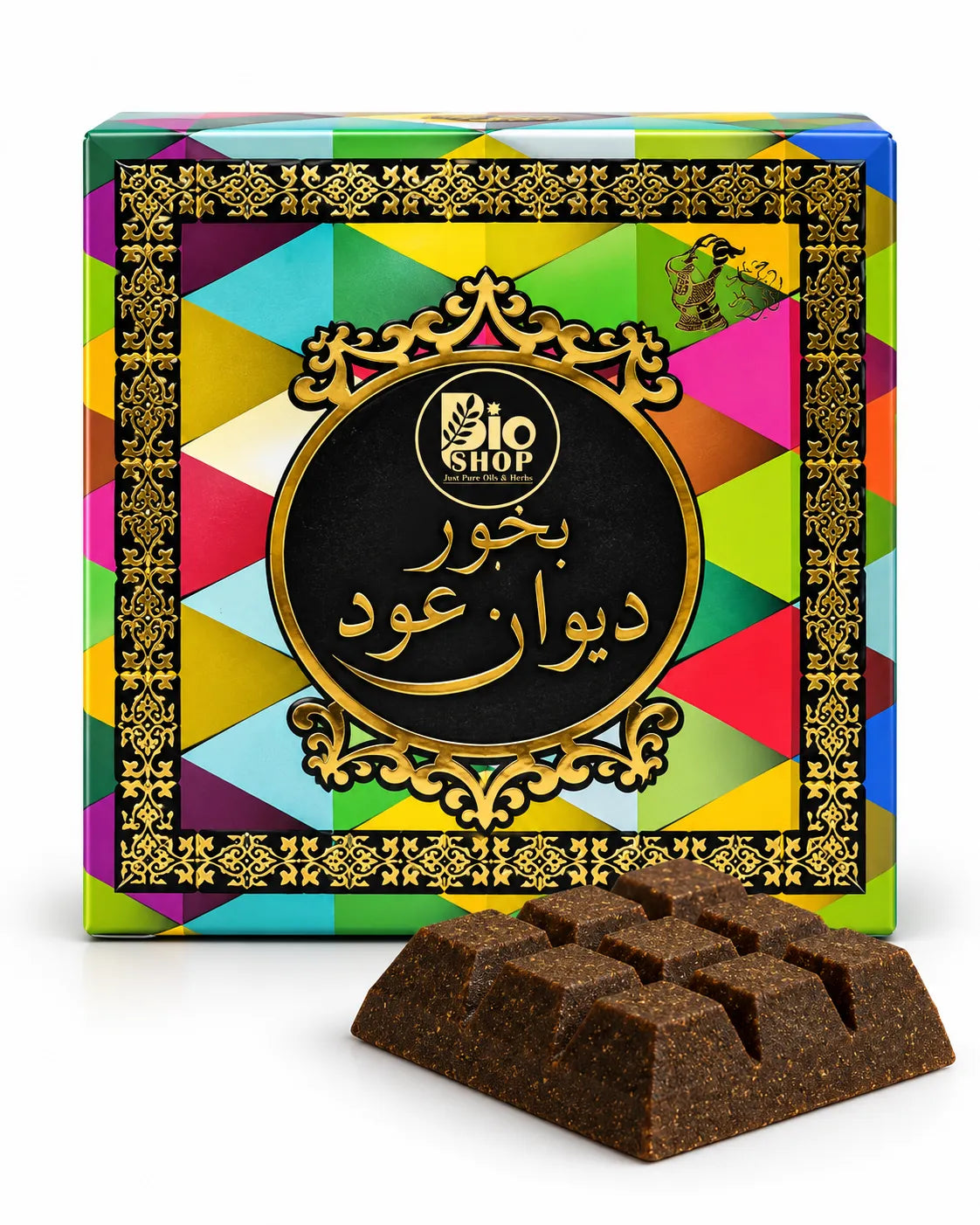 Bio Shop Diwan Oud Bakhoor 40g colorful box with brown incense blocks
Diwan Oud 40g premium oud bakhoor for home fragrance