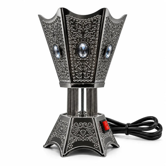 Electric bakhoor burner with decorative metallic Arabic design
