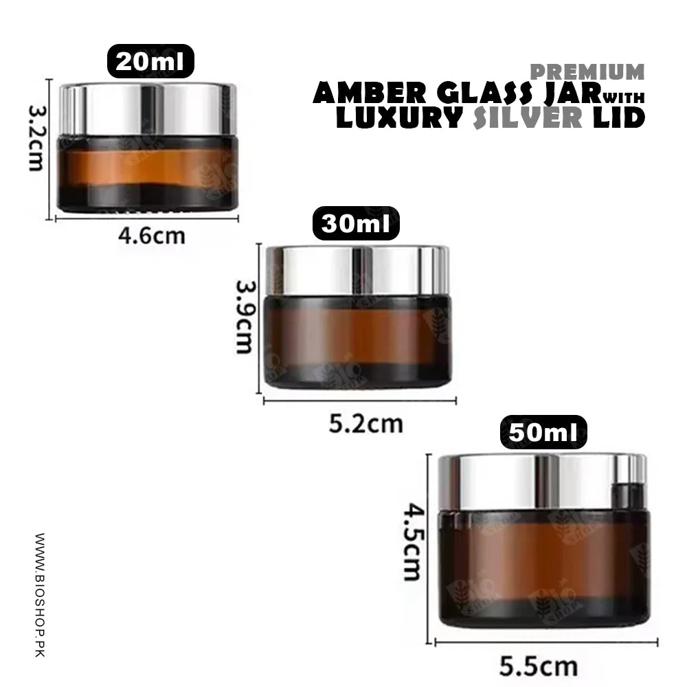 Amber glass jars with luxury silver lids and measurements on a white background