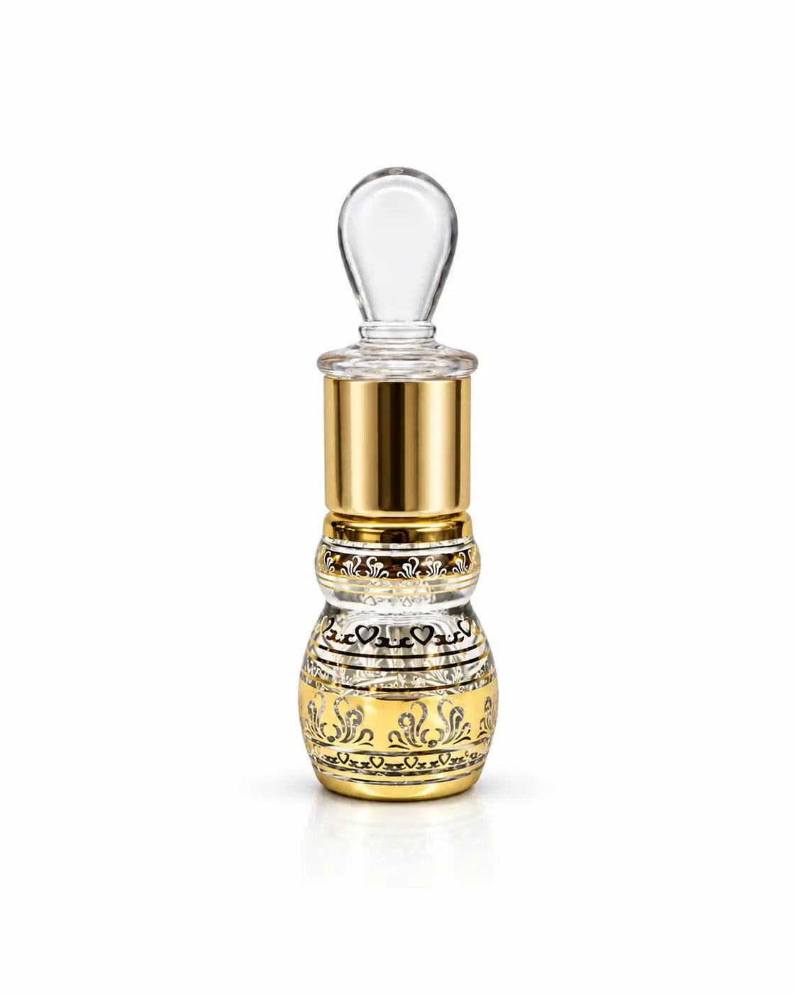 6ml Arabic glass attar bottle with gold detailing and clear glass stick on white background