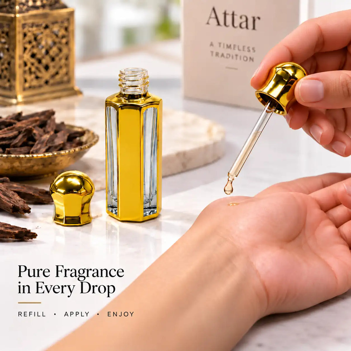 12ml gold attar bottle with glass applicator for oud and perfume oils