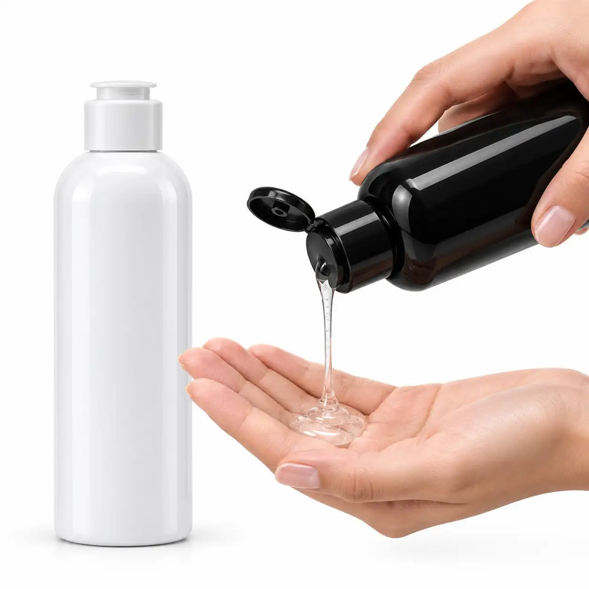 250ml cosmetic bottle usage image showing gel dispensing from black bottle with white bottle beside it