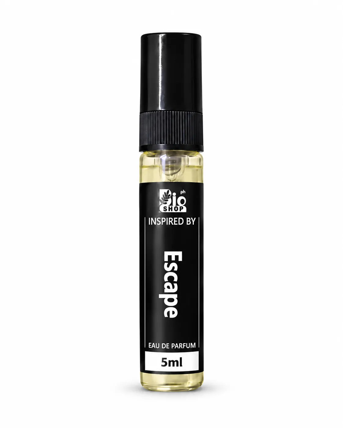 Bio Shop Escape inspired perfume 5ml spray bottle with black cap on white background
