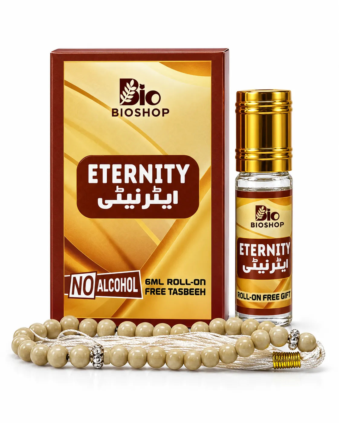 Bio Shop Eternity 6ml alcohol-free roll-on attar in gold-brown box with golden-cap bottle and cream tasbeeh