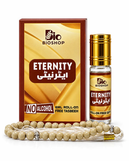 Bio Shop Eternity 6ml alcohol-free roll-on attar in gold-brown box with golden-cap bottle and cream tasbeeh