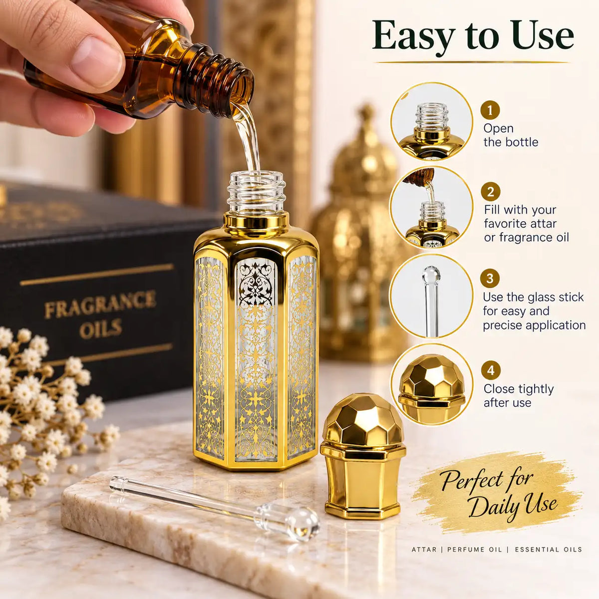 12ml empty gold perfume oil bottle with glass stick