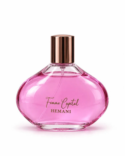 Hemani Femme Capital women perfume with rose gold cap on white background