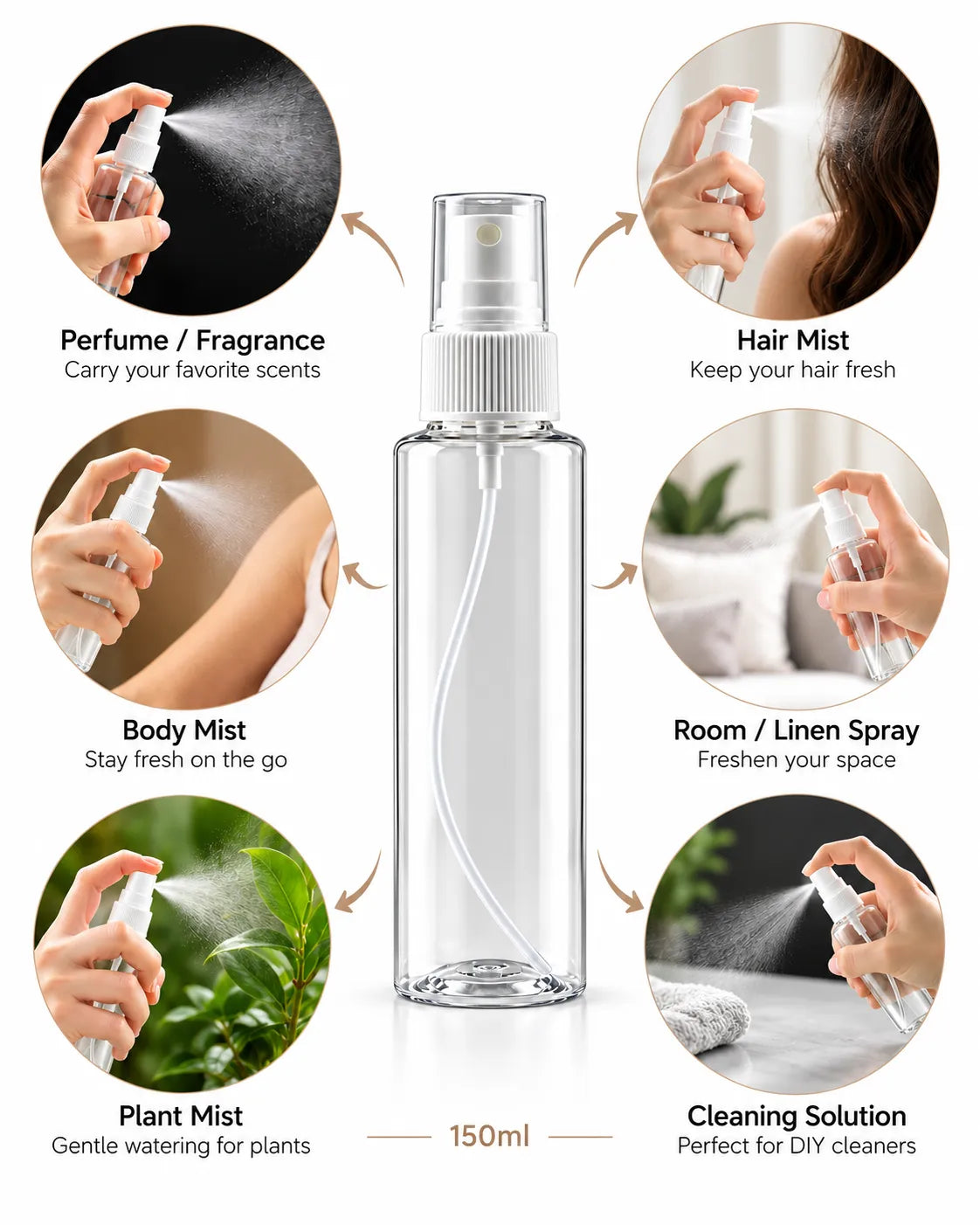 Clear 150ml spray bottle for body mist hair mist toner and perfume