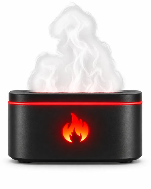 HY12_Flame_Aroma_Diffuser_Humidifier_black_with_retail_packaging_on_white_background.