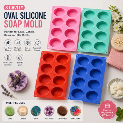 Four oval silicone soap molds in pink, teal, orange, and blue, displayed on a white background with decorative soap bars, flowers, and text describing the product and its uses.
