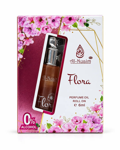 Flora 6ml alcohol-free attar box featuring pink blossoms, white background, and gold decorative lines.