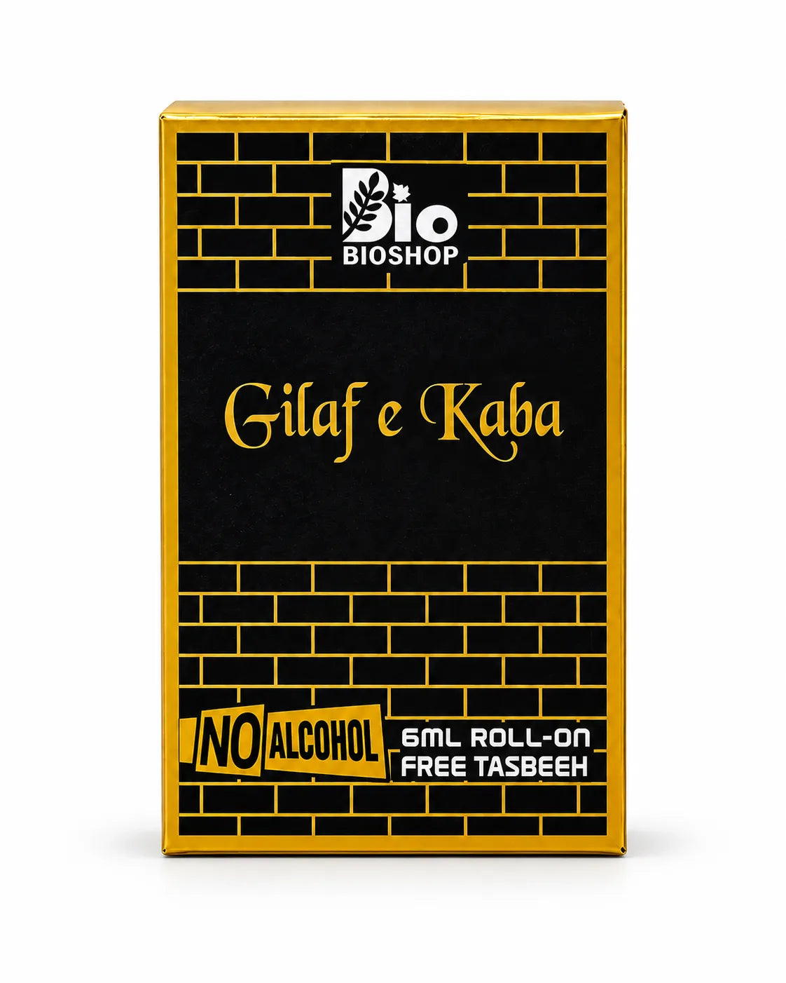 Bio Shop Gilaf e Kaba 6ml roll-on attar with a gold-coloured cap, black-and-gold box and pink tasbeeh on a white background.