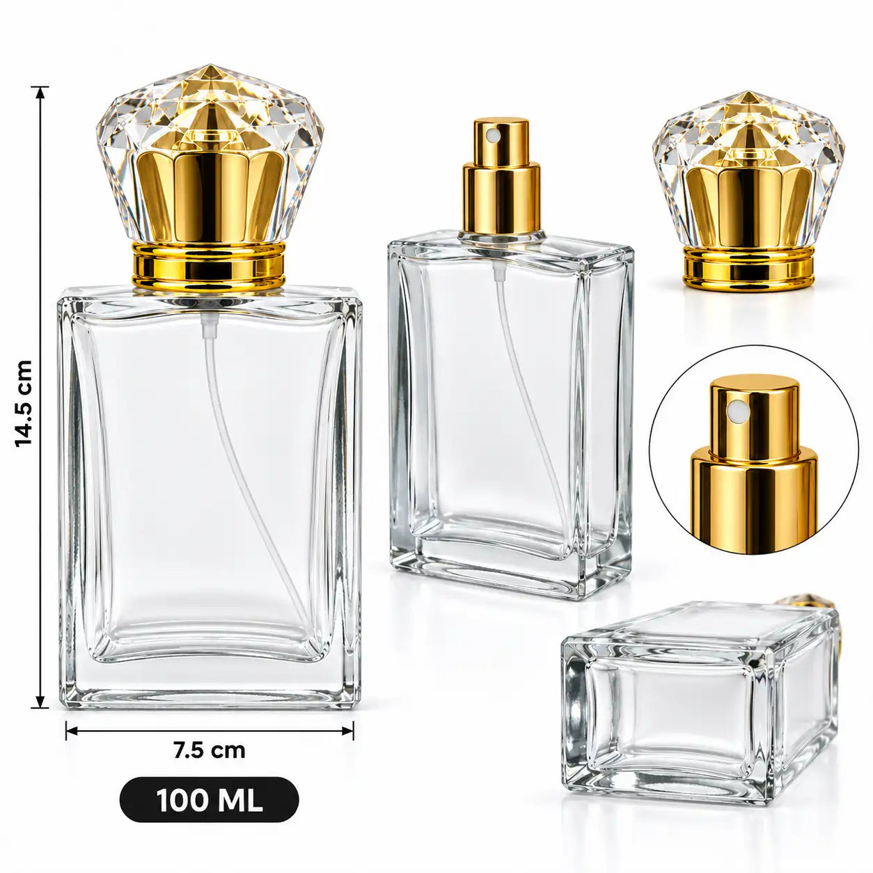 100ml crimp neck glass perfume bottle with golden crimp spray pump and Crown Crystal Cap