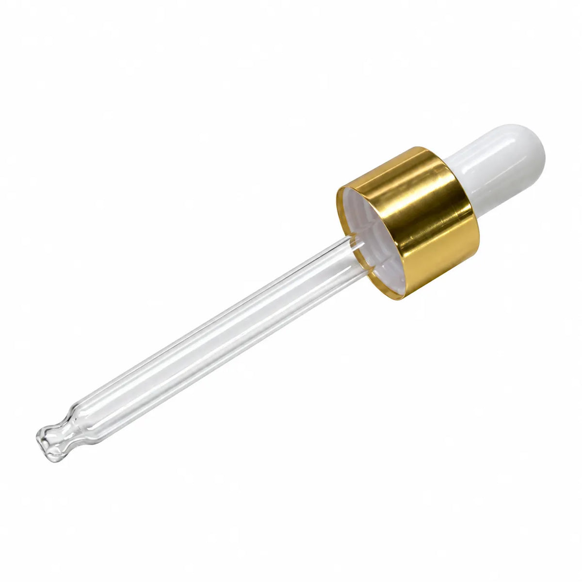 Glass serum dropper showing white rubber bulb, golden collar, clear glass pipette and precision dropper tip