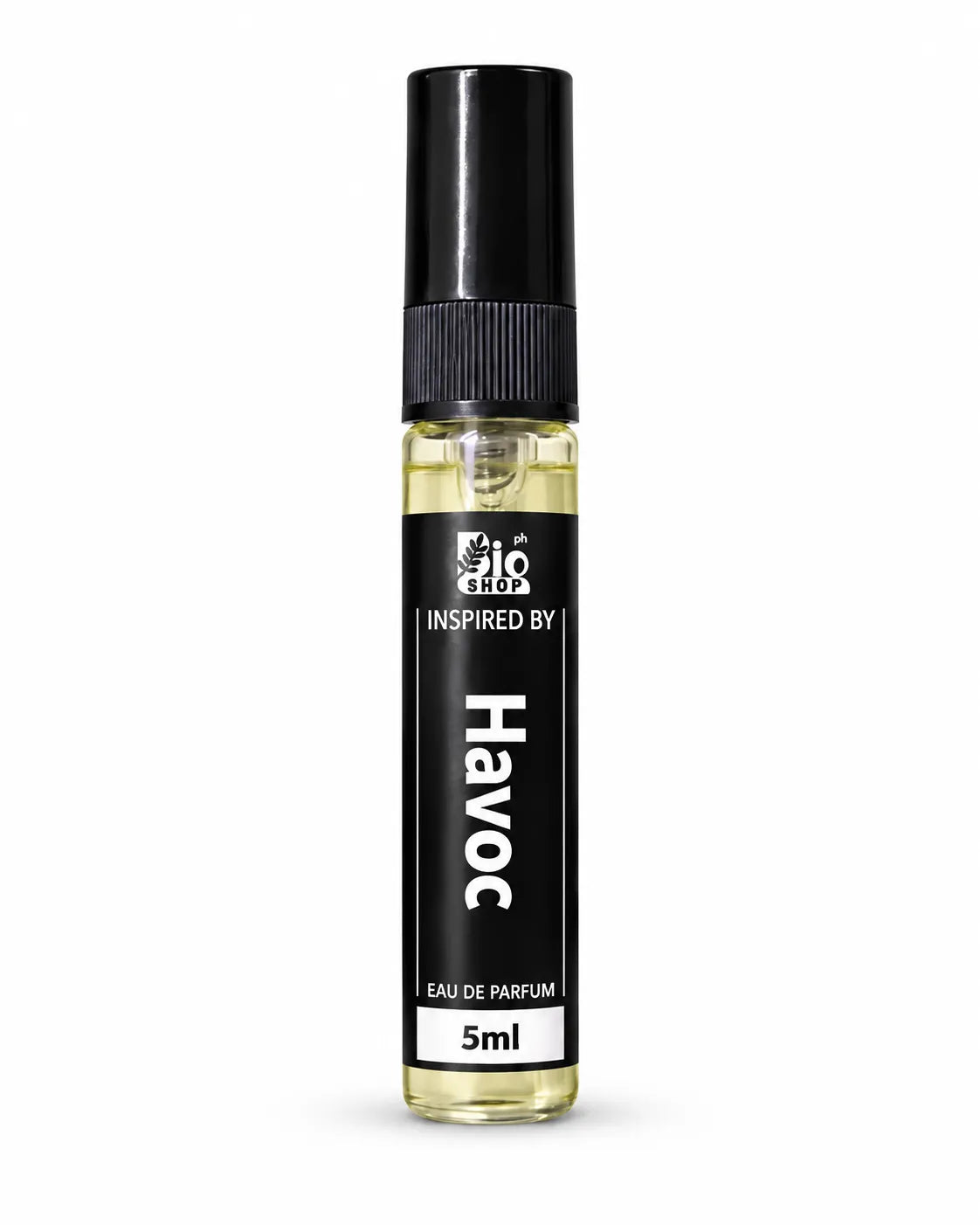 Bio Shop Havoc inspired 5ml perfume spray for men with black cap and clear bottle
