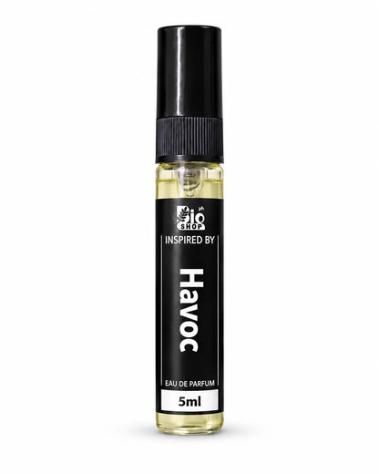 Bio Shop Havoc inspired 5ml perfume spray for men with black cap and clear bottle
