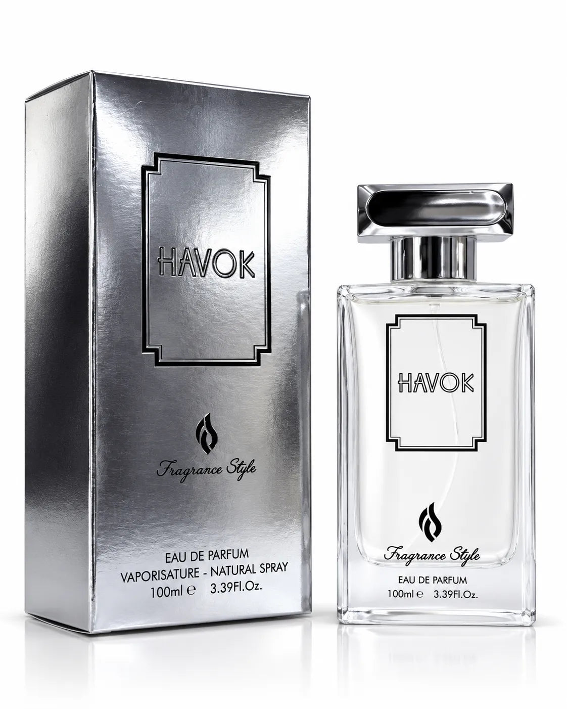 Fragrance Style Havok perfume 100ml featuring a black outlined label on a clear bottle
