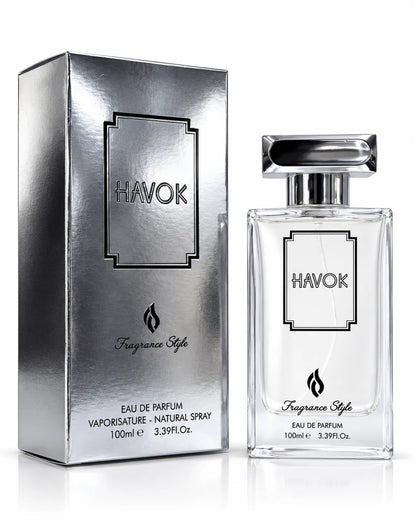 Fragrance Style Havok perfume 100ml featuring a black outlined label on a clear bottle