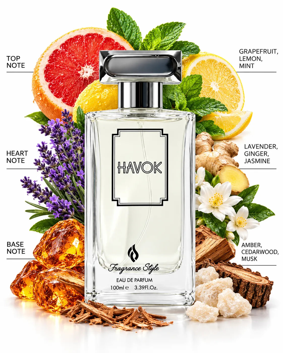 Havok 100ml Eau de Parfum transparent glass perfume bottle with silver-tone rectangular cap