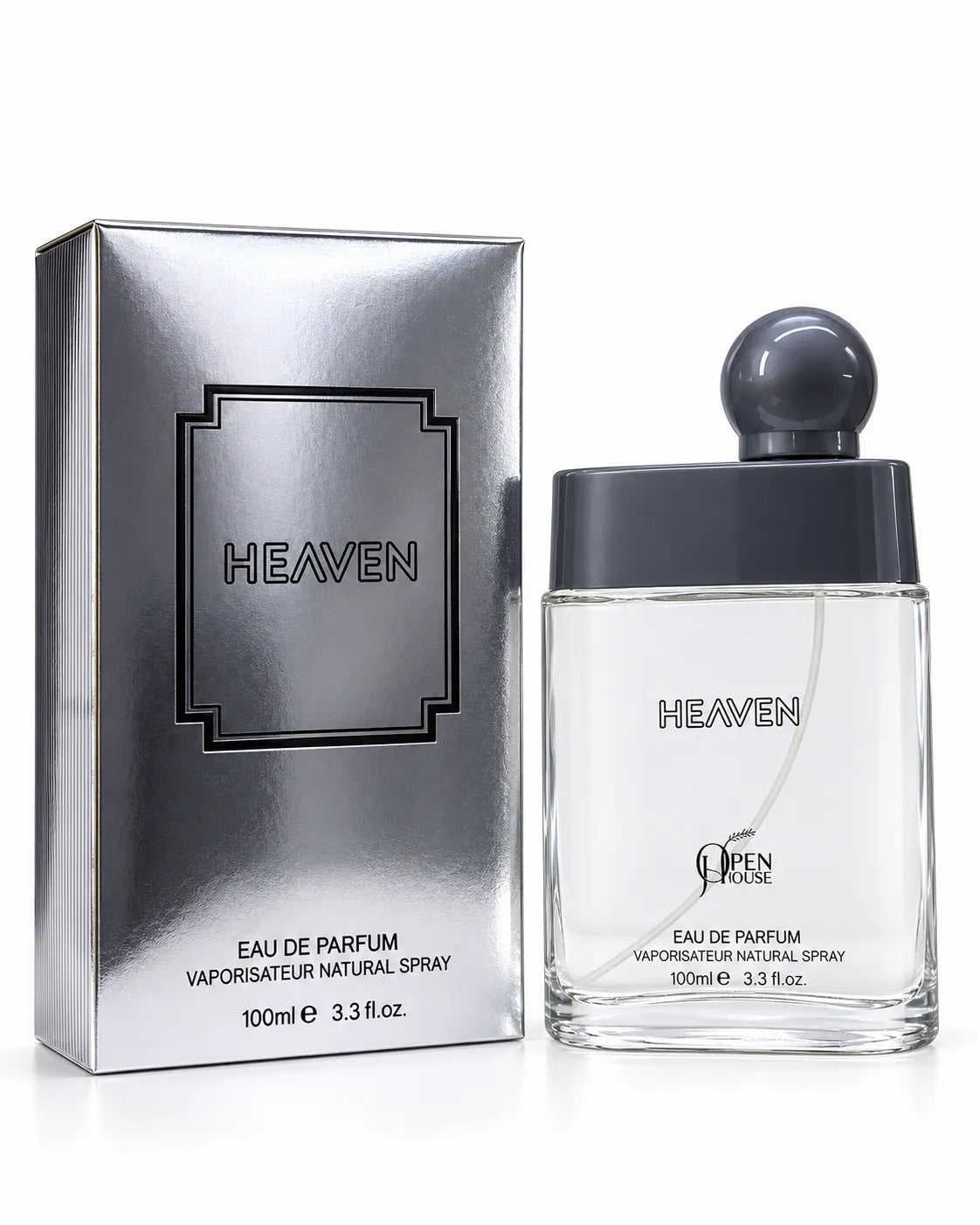 Heaven 100ml Eau de Parfum transparent bottle with charcoal grey cap